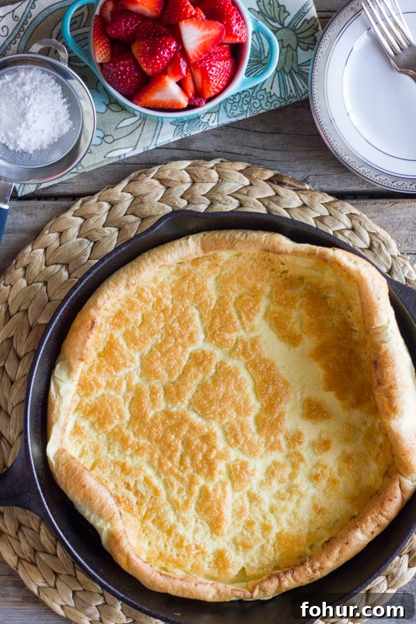 How to Clean a Cast Iron Skillet Without Stripping Seasoning 10 Dutch Baby Pancake in a cast iron skillet, with powdered sugar, a bowl of strawberries and a plate with a fork next to it.