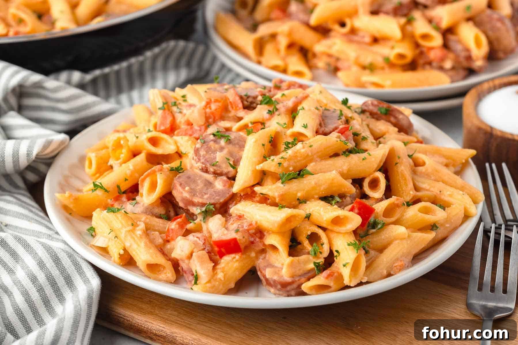 One-Pot Creamy Kielbasa and Smoked Sausage Pasta 11 A plate of Kielbasa pasta with penne, diced pepper, sliced smoked sausage, parmesan, and a creamy sauce.