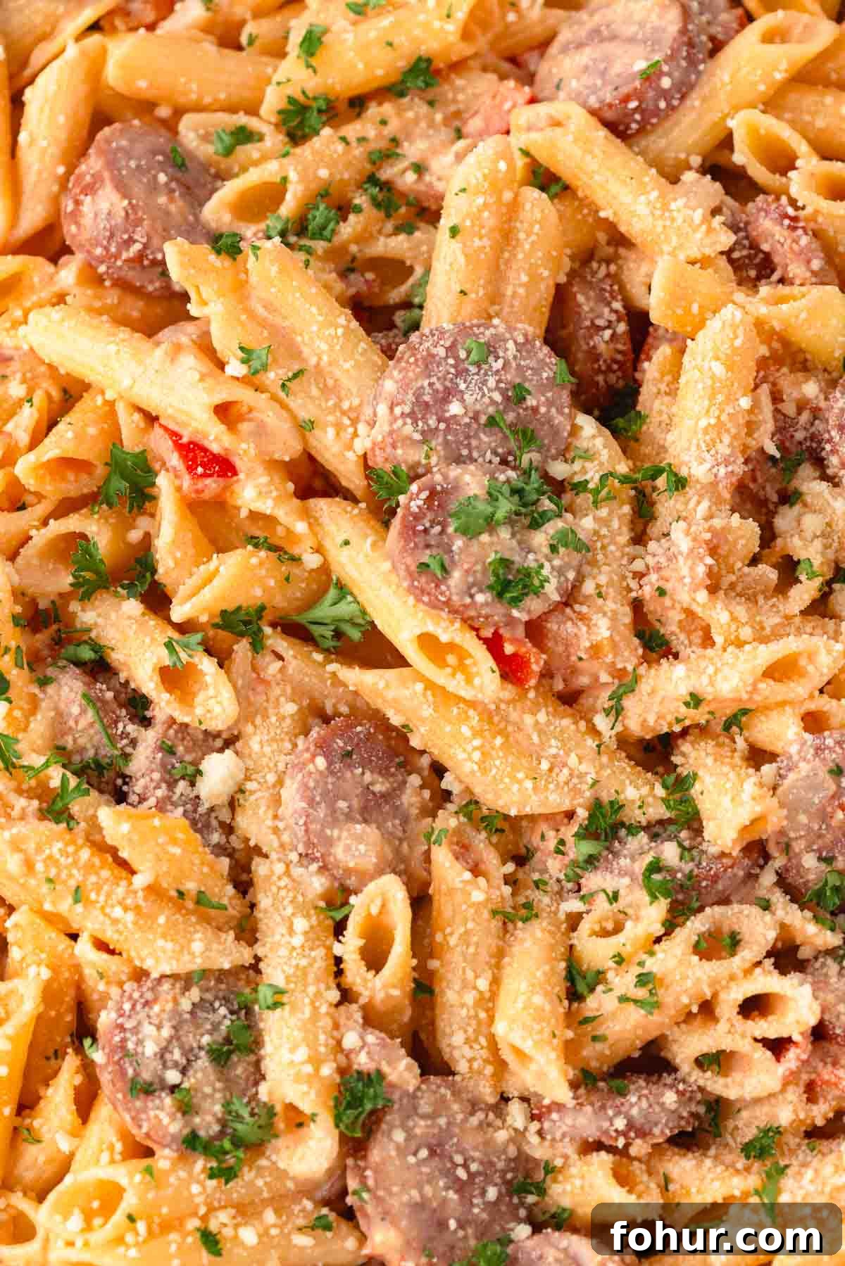 One-Pot Creamy Kielbasa and Smoked Sausage Pasta 12 Kielbasa pasta garnished with fresh chopped parsley.