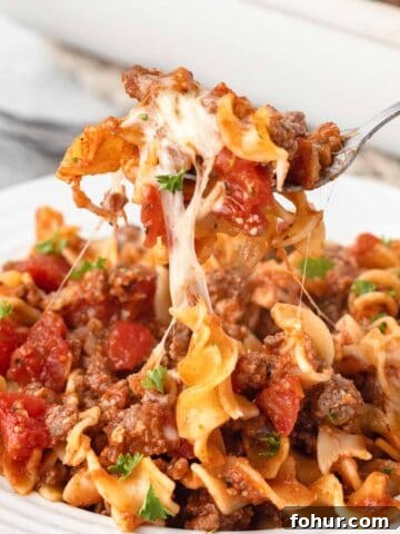 Ground beef noodle casserole with mozzarella cheese.