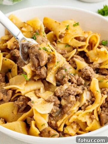 Ground beef egg noodles topped with parsley served in a bowl with a fork lifting cooked noodles and saucy beef.