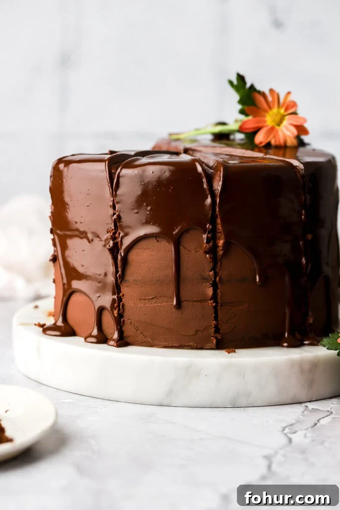 Decadent Chocolate Ganache Cake Recipe 9 Gorgeous chocolate drip on the edge of the cake
