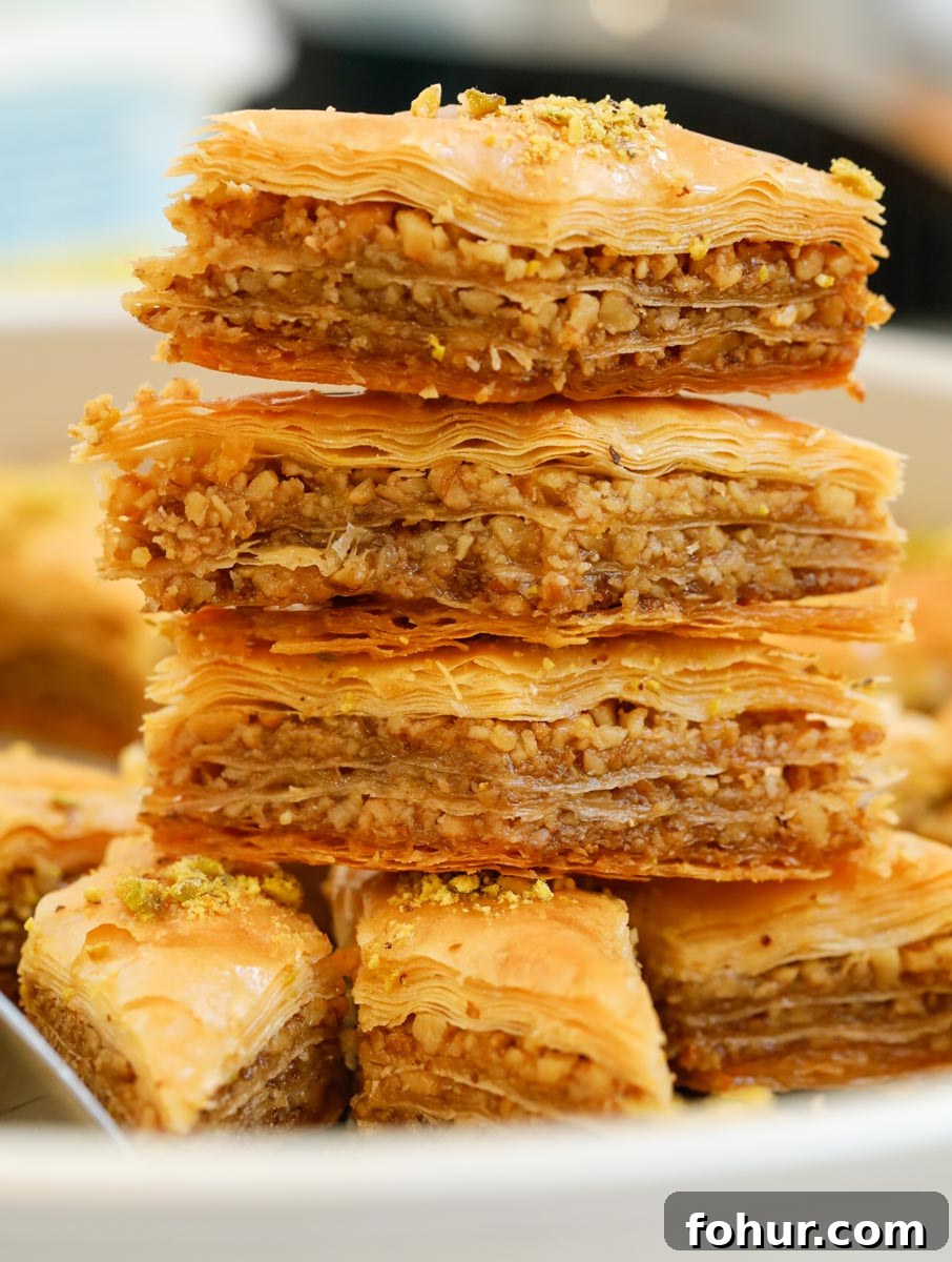 Homemade Walnut Baklava Recipe with Honey Syrup 8 Multiple walnut baklava stacked on top of each other.