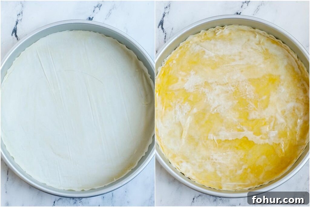 Homemade Walnut Baklava Recipe with Honey Syrup 5 Set of two photos showing phyllo sheets in a round container and then brushed with ghee and syrup.
