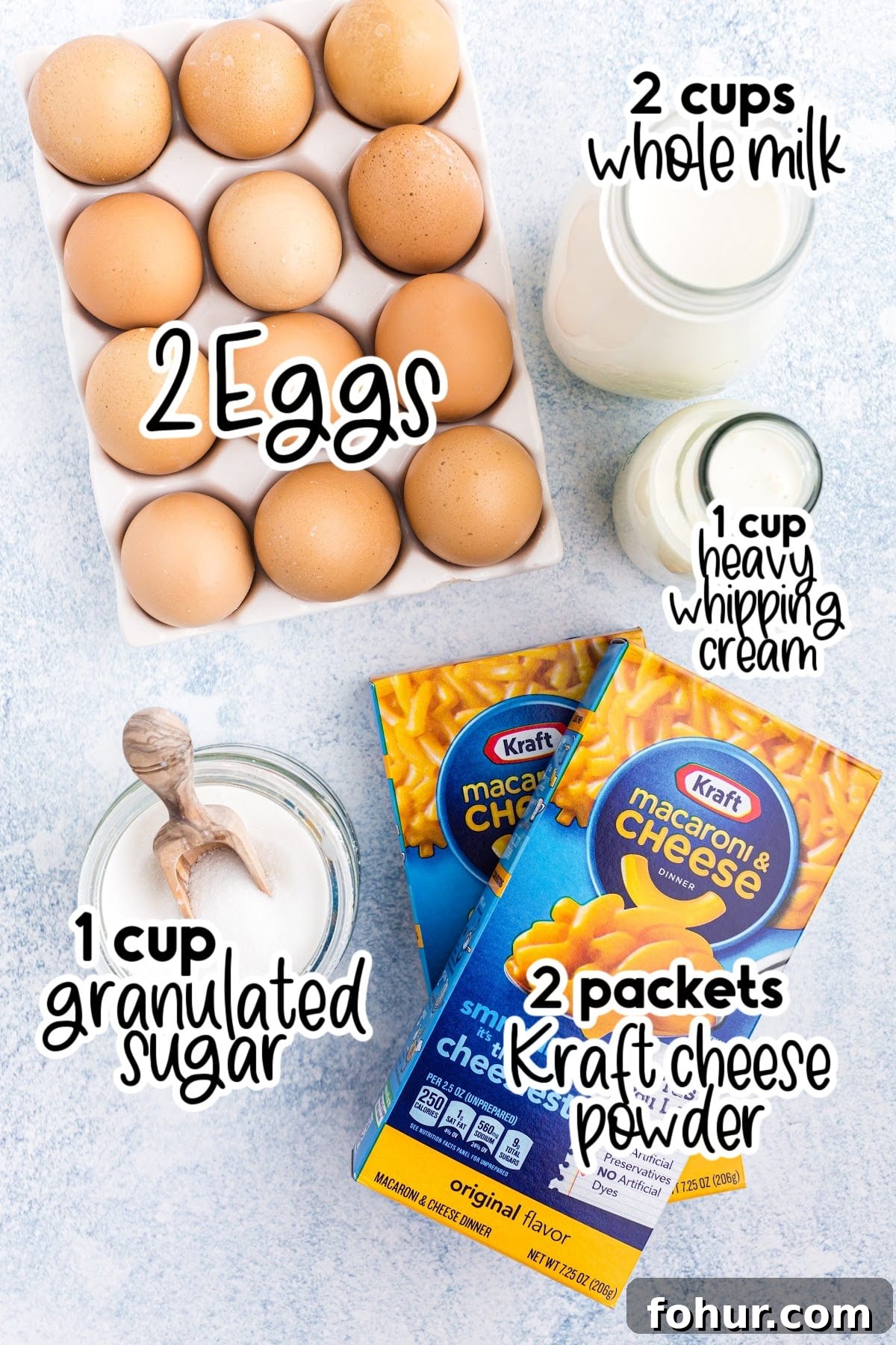 Copycat Mac and Cheese Ice Cream Recipe 3 All ingredients laid out on the counter to make this ice cream, with text overlays.