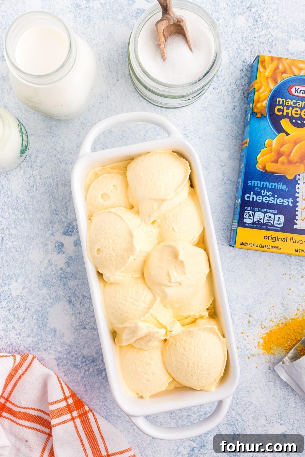 Copycat Mac and Cheese Ice Cream Recipe 9 Frozen ice cream in a dish.