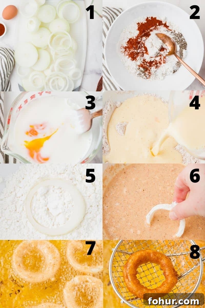 Crispy Gluten-Free Onion Rings Recipe 4 photo collage showing 8 steps needed to make gluten free onion rings