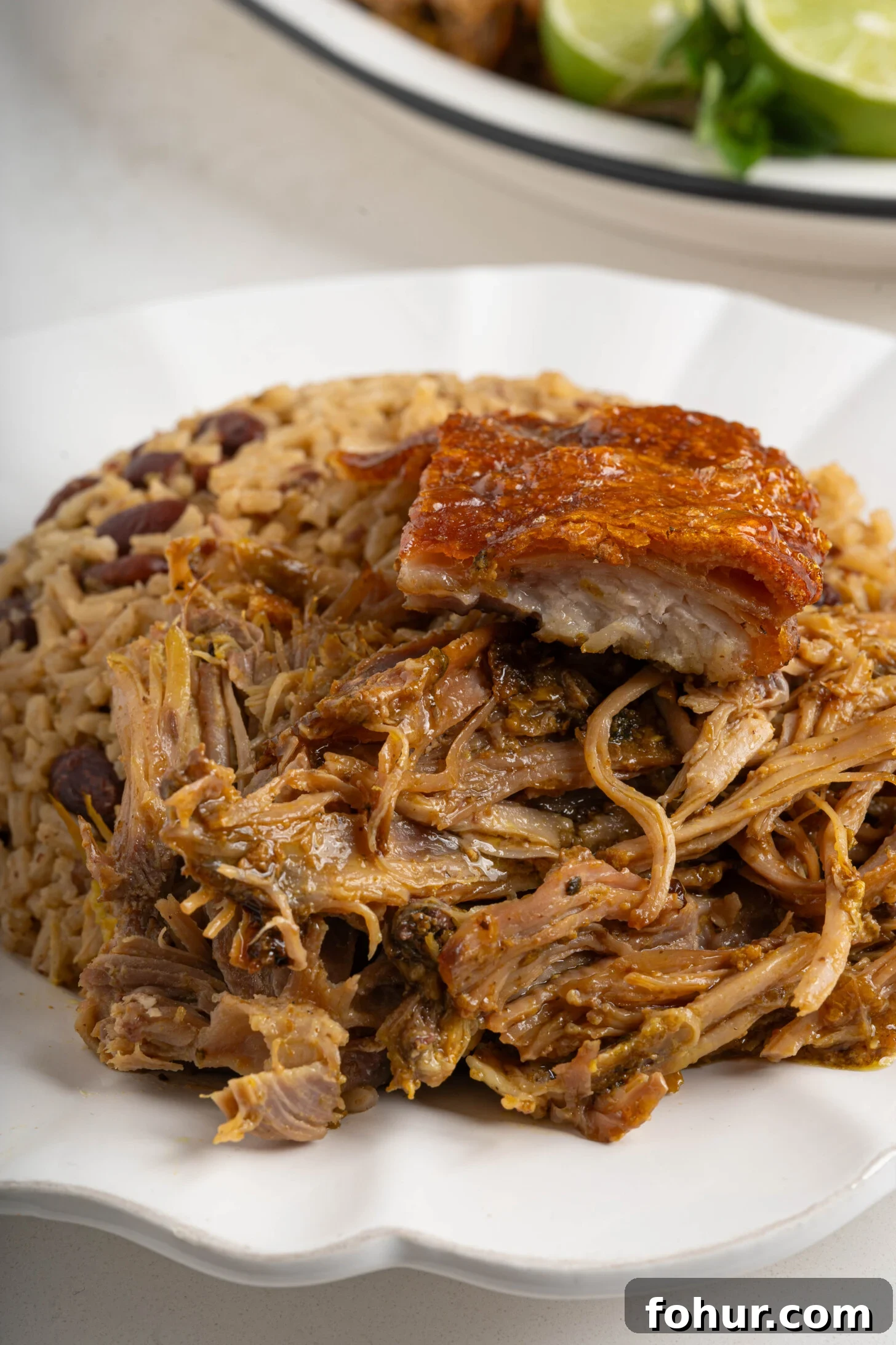 Crisp, Tender Puerto Rican Pernil: Roast Pork Shoulder 2 A plate of rice and beans with pernil.