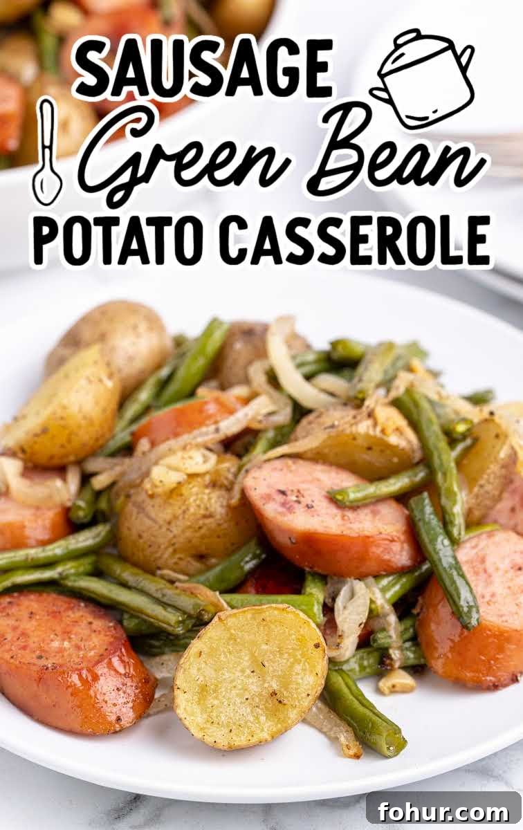 One-Pan Sausage, Green Bean and Potato Casserole 2 close up shot of a serving of Sausage Green Bean Potato Casserole on a plate
