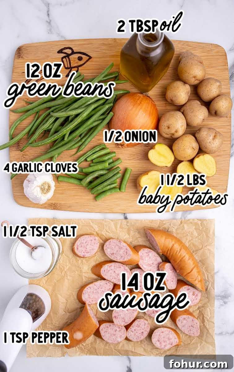 One-Pan Sausage, Green Bean and Potato Casserole 3 Sausage Green Bean Potato Casserole raw ingredients that are labeled