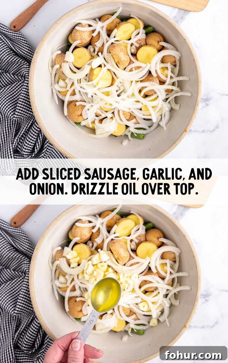One-Pan Sausage, Green Bean and Potato Casserole 5 Sausage Green Bean Potato Casserole process shot of ingredients in a bowl