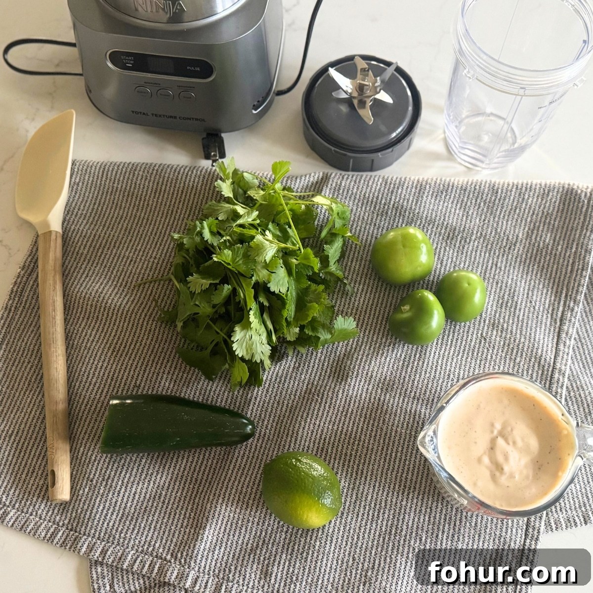 Creamy Tomatillo Cilantro Lime Ranch Dressing and Dip Recipe 2 blender, spatula, cilantro, lime, jalapeno, tomatillos, creamy ranch dressing