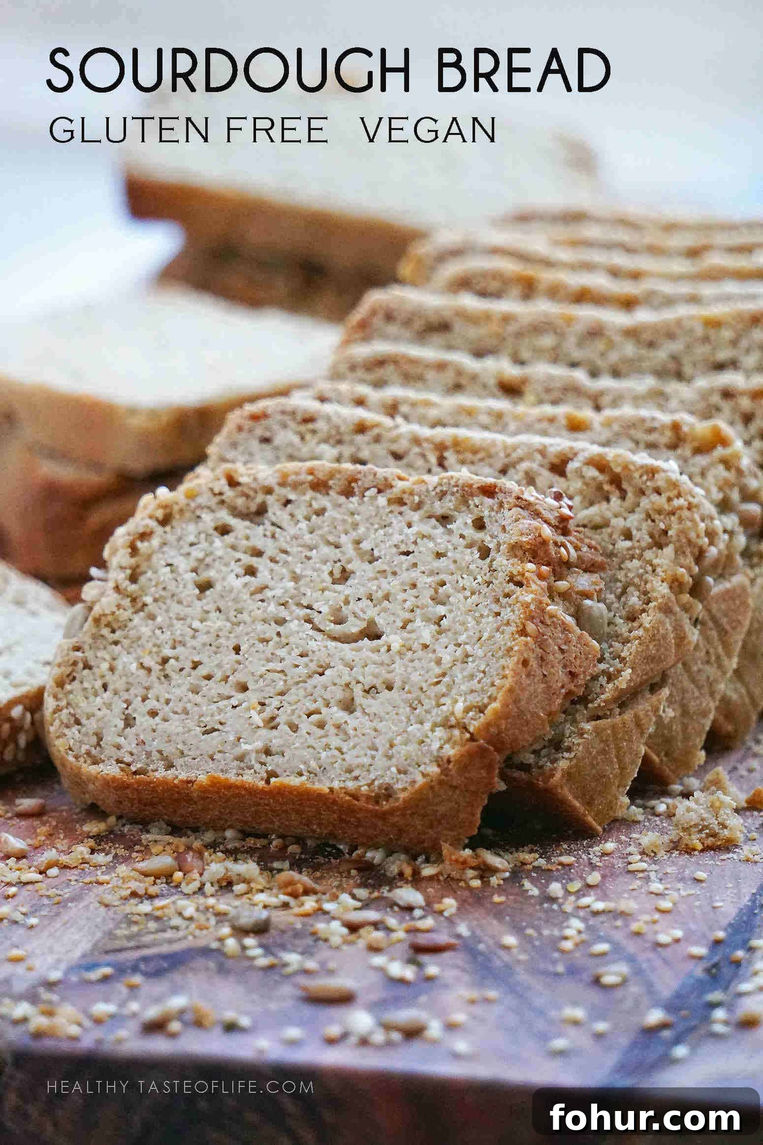 Gluten-Free Vegan Sourdough Bread, No Yeast or Xanthan Gum 2 Easy gluten free sourdough bread sliced on a board made with whole grain flours, vegan, no commercial yeast, no xanthan, no psyllium.