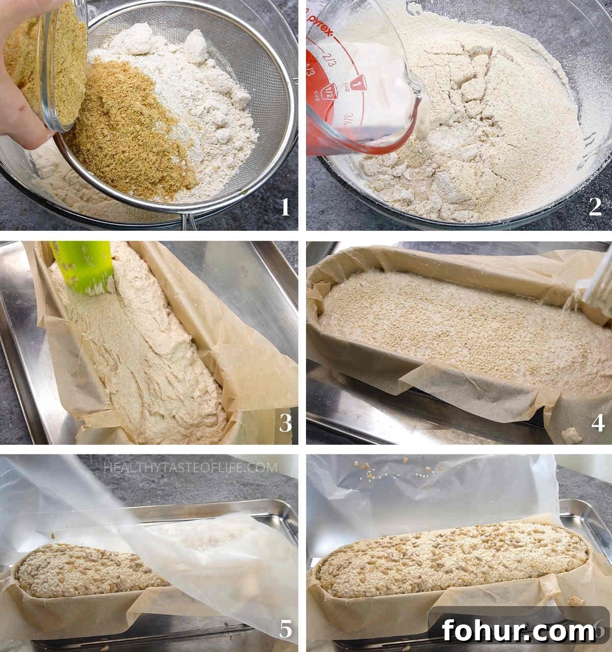 Gluten-Free Vegan Sourdough Bread, No Yeast or Xanthan Gum 6 Steps photo collage: mix GF sourdough batter, proof in loaf tin, and before baking look.