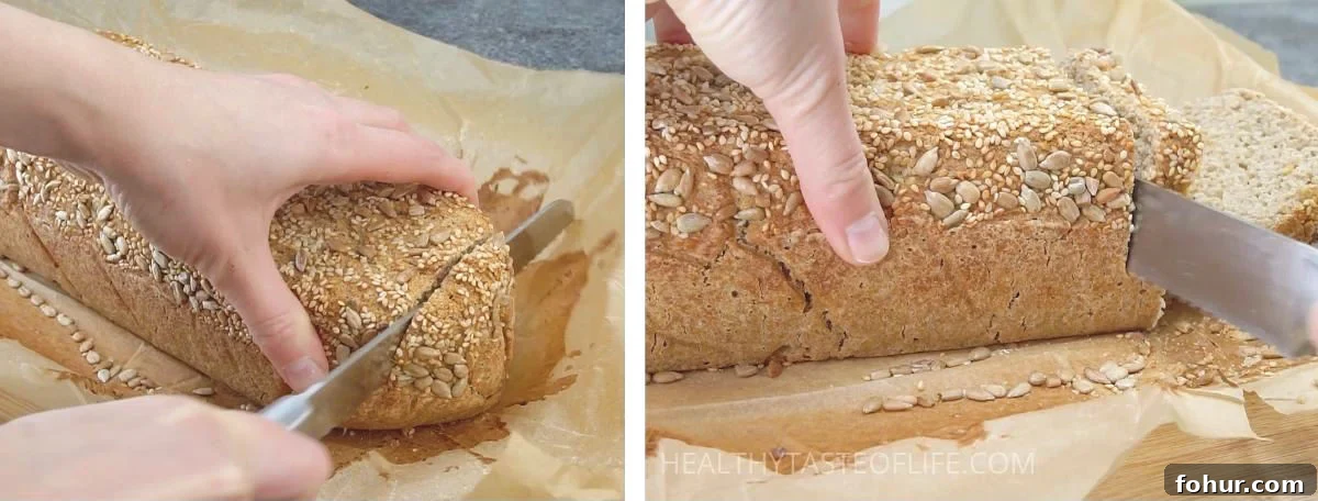Gluten-Free Vegan Sourdough Bread, No Yeast or Xanthan Gum 7 Slicing the gluten free vegan sourdough bread, crumb, showing slicible texture.