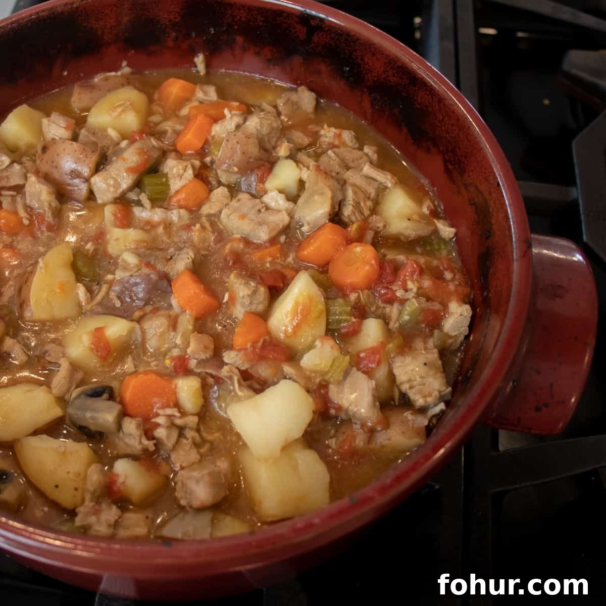 Classic Pork Stew Recipe: Tender Slow-Simmered Pork & Vegetables 2 Cooked stew in a large dutch oven.
