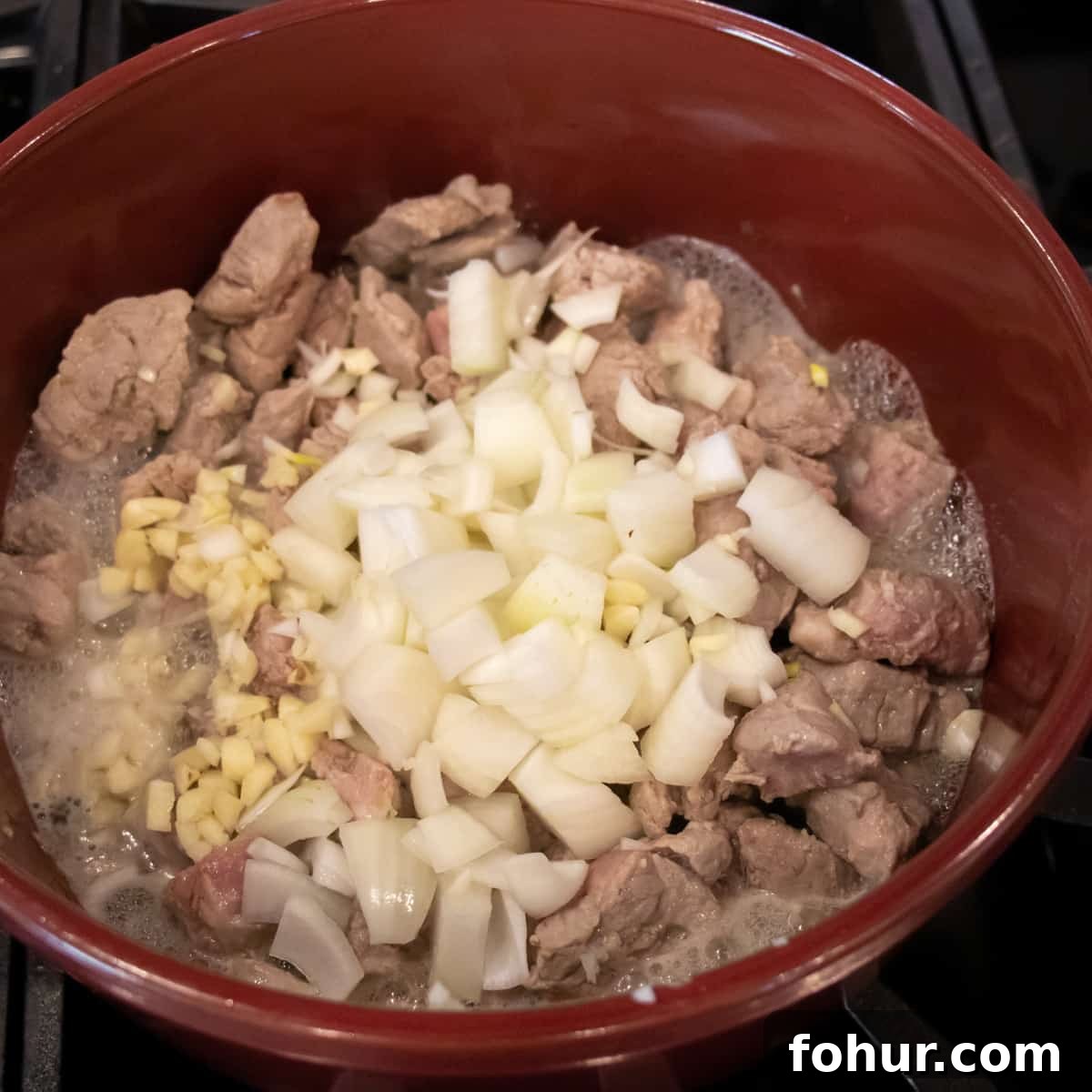 Classic Pork Stew Recipe: Tender Slow-Simmered Pork & Vegetables 6 A red pot with pork, garlic and onion cooking.