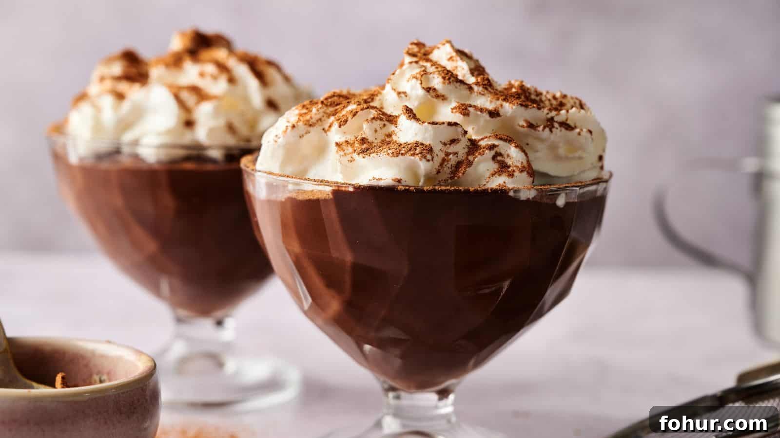 31 New Year's Eve Snacks for Late-Night Parties 10 Two glass dessert cups filled with chocolate pudding, each topped with whipped cream and chocolate shavings.