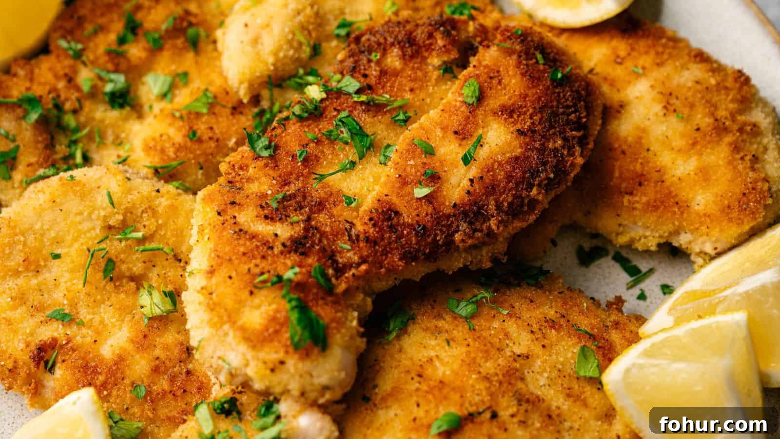 31 New Year's Eve Snacks for Late-Night Parties 12 Breaded and pan-fried chicken cutlets garnished with chopped parsley, served with lemon wedges on the side.