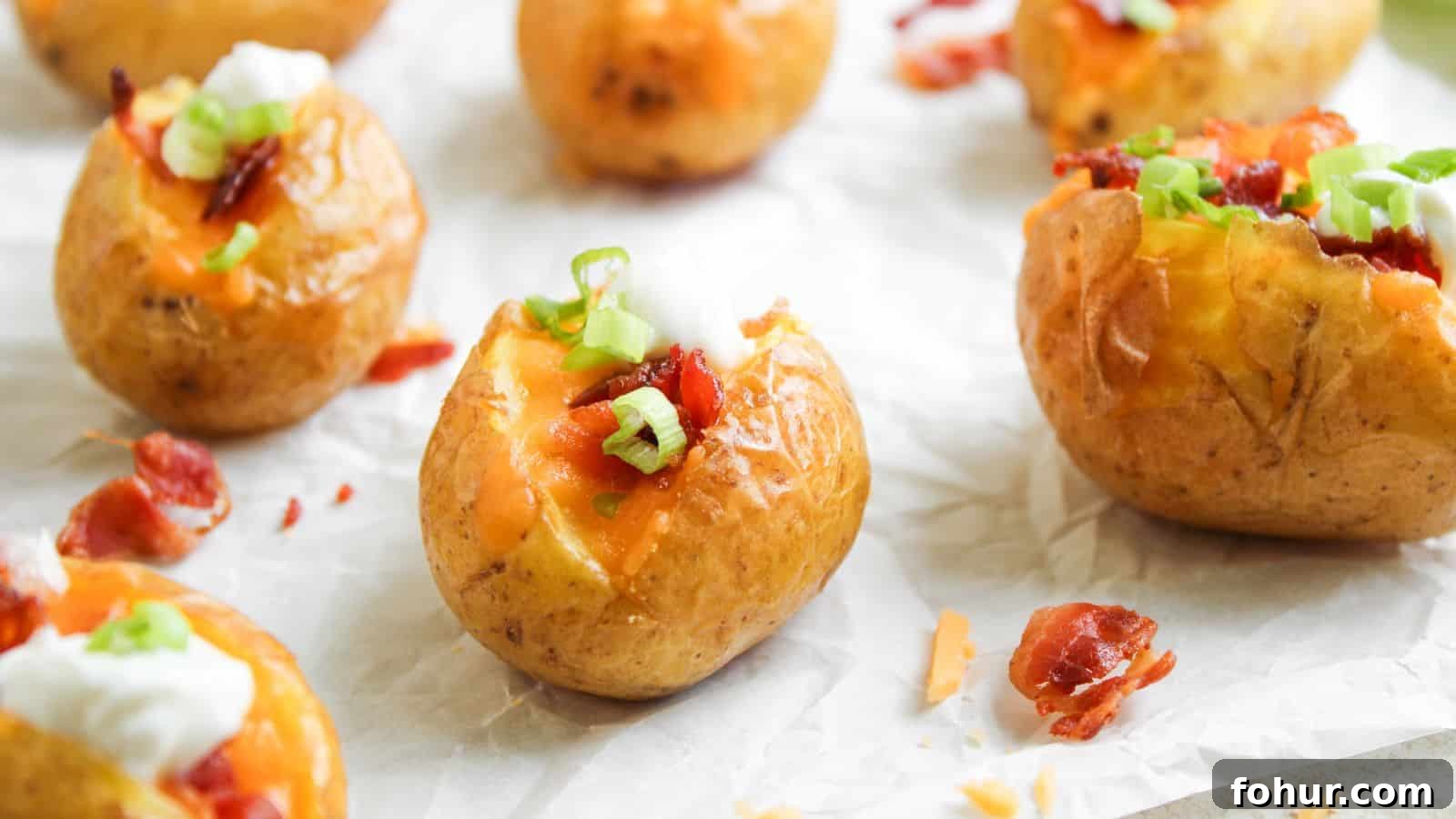 31 New Year's Eve Snacks for Late-Night Parties 13 Baked baby potatoes topped with melted cheese, bacon bits, sour cream, and chopped green onions on parchment paper.