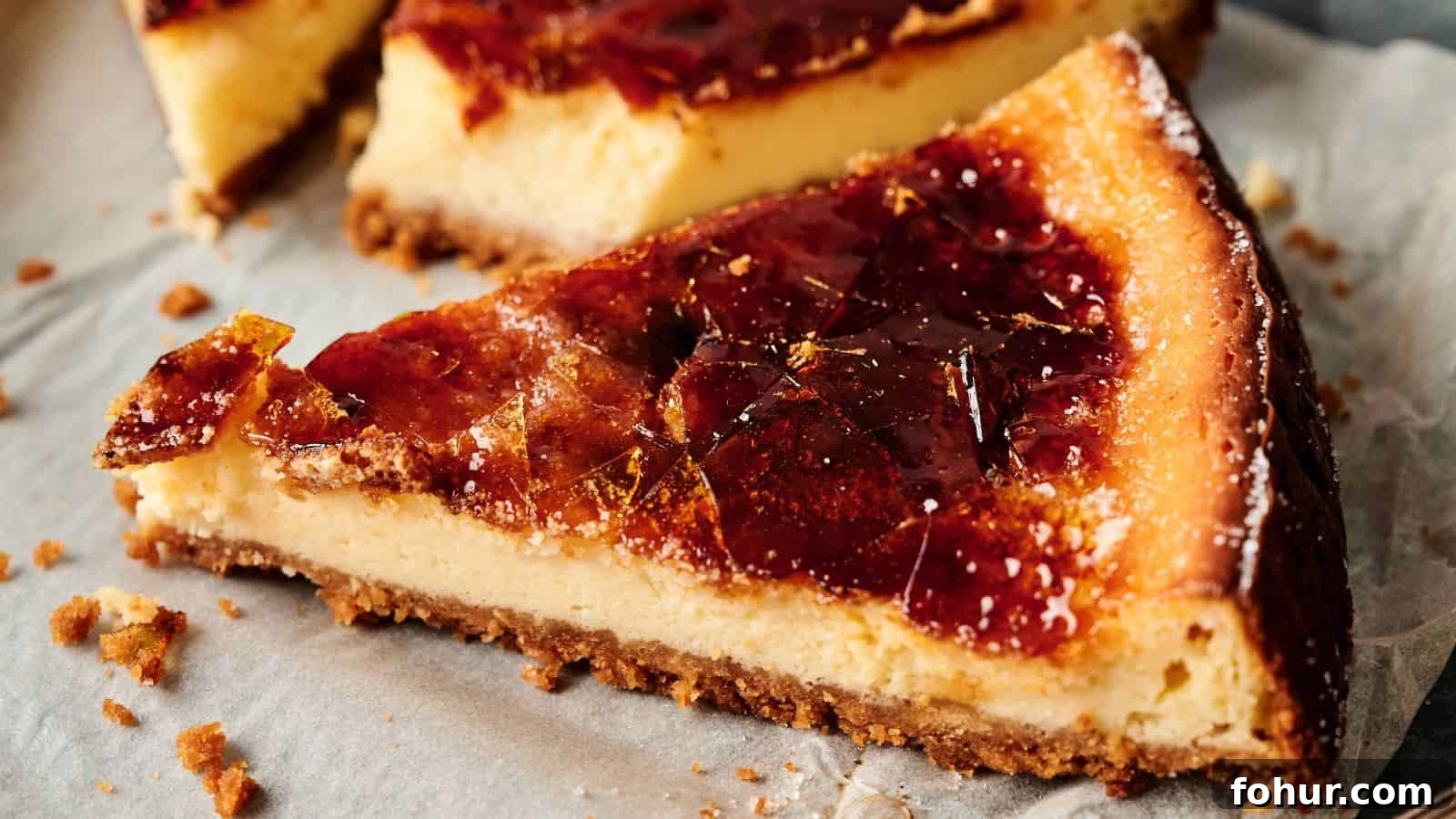 31 New Year's Eve Snacks for Late-Night Parties 16 A close-up of a slice of cheesecake with a caramelized sugar topping, resting on parchment paper with a crumbly base visible.