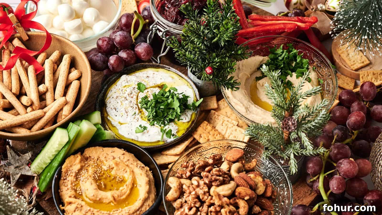 31 New Year's Eve Snacks for Late-Night Parties 18 A holiday-themed platter with bowls of hummus, yogurt dip, nuts, grapes, breadsticks, and crackers, decorated with festive greenery and red ribbons.