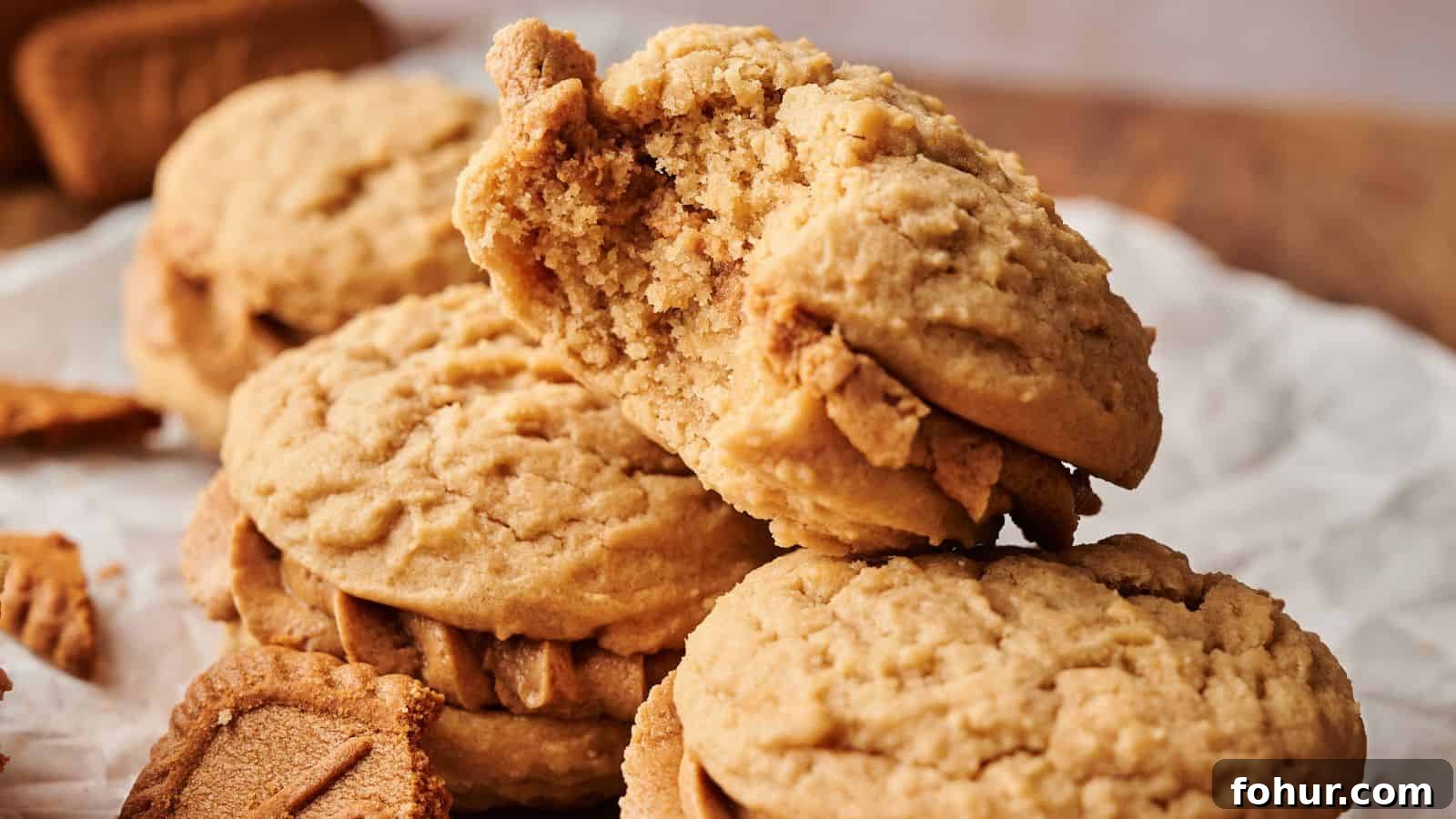 31 New Year's Eve Snacks for Late-Night Parties 19 Three peanut butter sandwich cookies are stacked, with the top cookie showing a large bite taken out. Crumbs and cookie pieces are scattered on a parchment-lined surface.