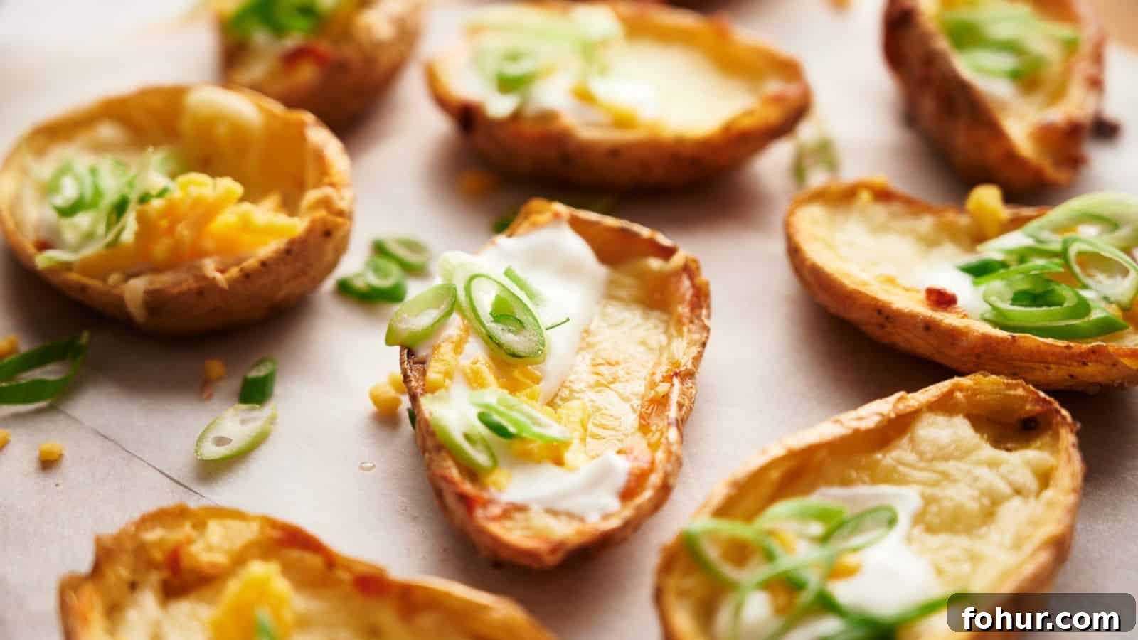 31 New Year's Eve Snacks for Late-Night Parties 20 Potato skins with sour cream and sliced scallions.