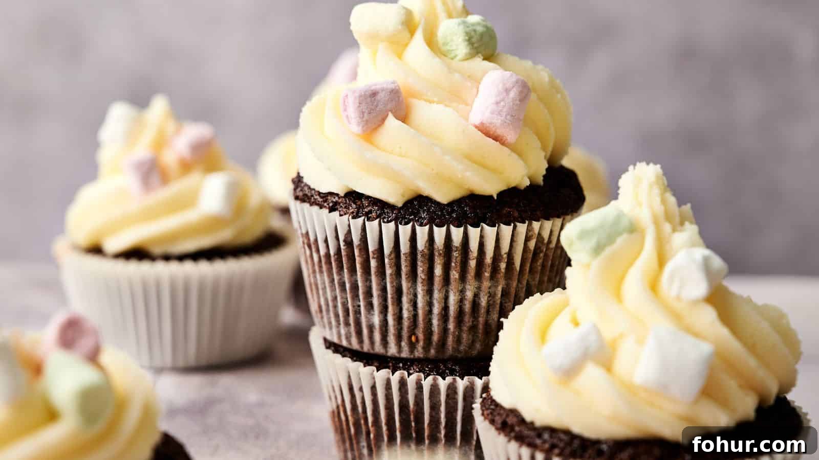 31 New Year's Eve Snacks for Late-Night Parties 21 Chocolate cupcakes with white frosting and small pastel-colored marshmallows on top, arranged in a group against a neutral background.