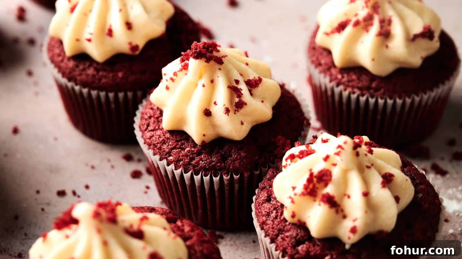 31 New Year's Eve Snacks for Late-Night Parties 23 Several red velvet cupcakes with swirls of cream cheese frosting and sprinkled crumbs on top, arranged on a light-colored surface.
