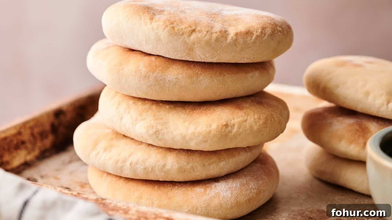 31 New Year's Eve Snacks for Late-Night Parties 26 A stack of six round, golden-brown pita breads sits on a baking tray, with more pita breads visible to the side.