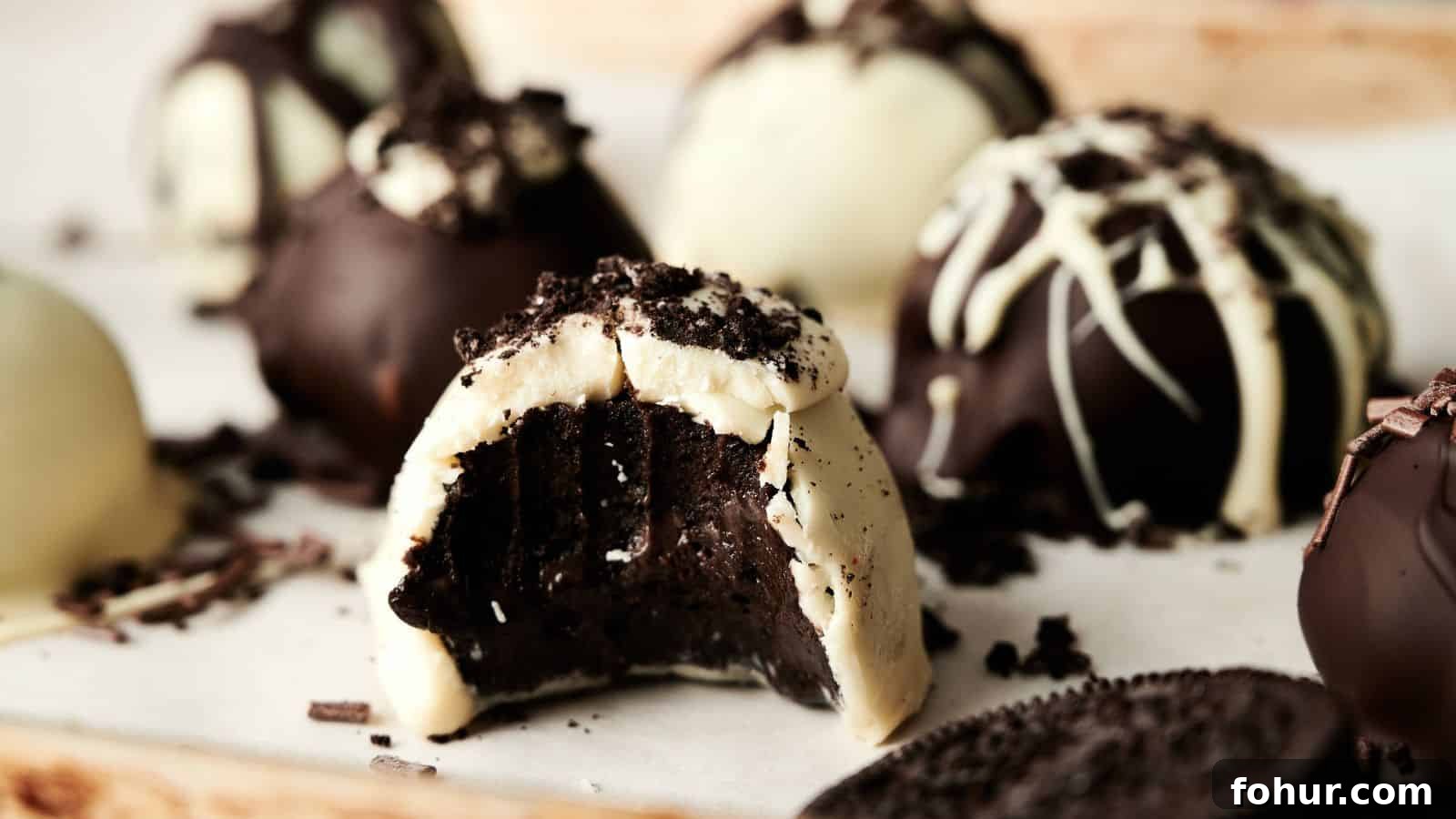 31 New Year's Eve Snacks for Late-Night Parties 27 Assorted chocolate truffles, some coated in white and dark chocolate, with one bitten to show the rich chocolate filling inside. Crumbled cookies are sprinkled on top.