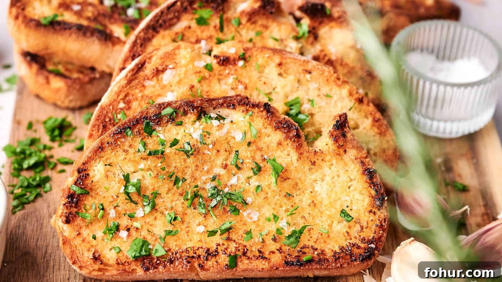 31 New Year's Eve Snacks for Late-Night Parties 3 Slices of garlic bread topped with chopped parsley and sea salt sit enticingly on a wooden board, accompanied by a small bowl of salt and fresh cloves of garlic.