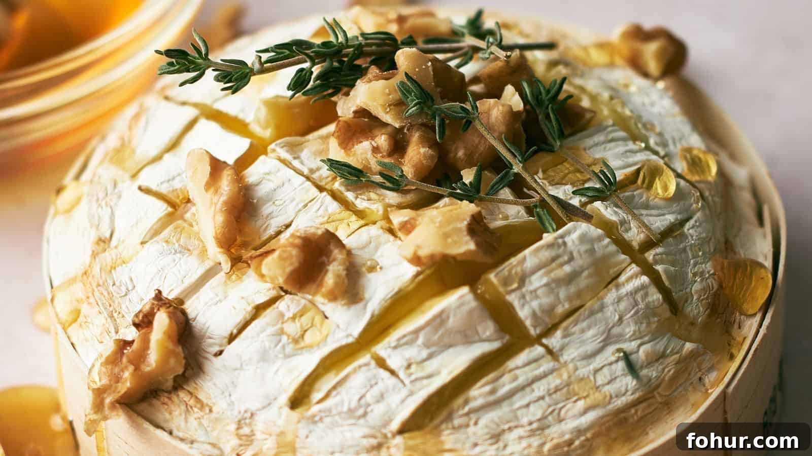 31 New Year's Eve Snacks for Late-Night Parties 31 Round baked brie cheese topped with walnuts, fresh thyme, and drizzled honey, served in a wooden container.