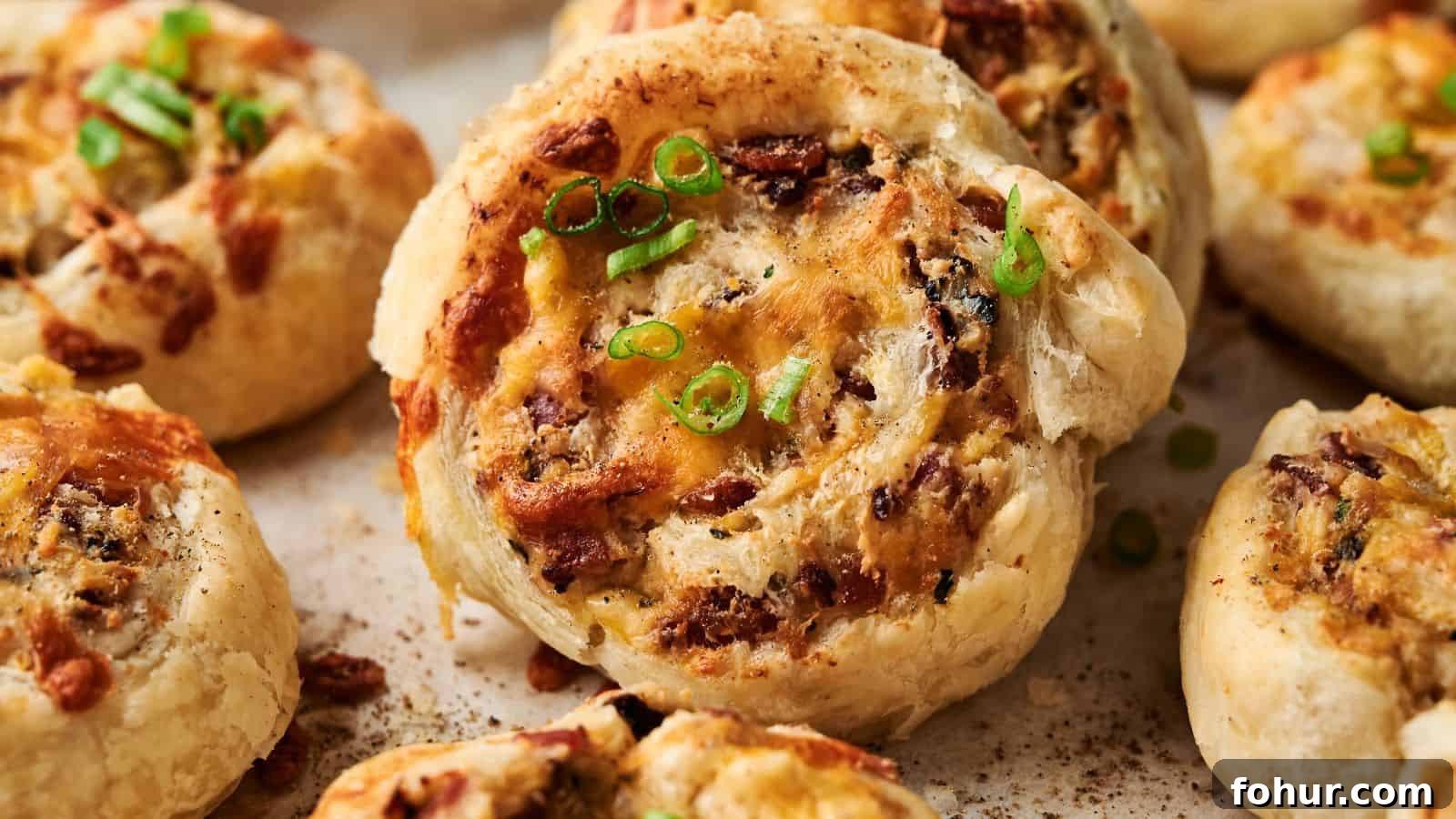 31 New Year's Eve Snacks for Late-Night Parties 5 Close-up of baked puff pastry pinwheels filled with cheese, herbs, and finely chopped toppings, garnished with sliced green onions.