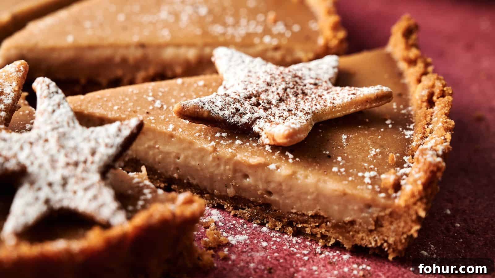 31 New Year's Eve Snacks for Late-Night Parties 6 Close-up of a sliced pie with a crumb crust, topped with star-shaped cookies dusted with powdered sugar.