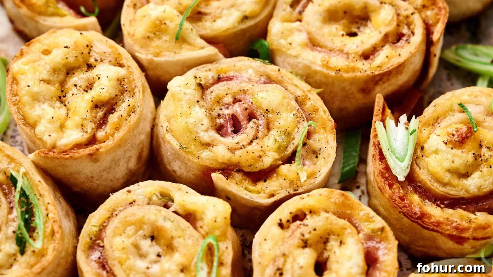 31 New Year's Eve Snacks for Late-Night Parties 9 Close-up of baked pinwheel appetizers filled with cheese and ham, topped with black pepper and garnished with sliced green onions.