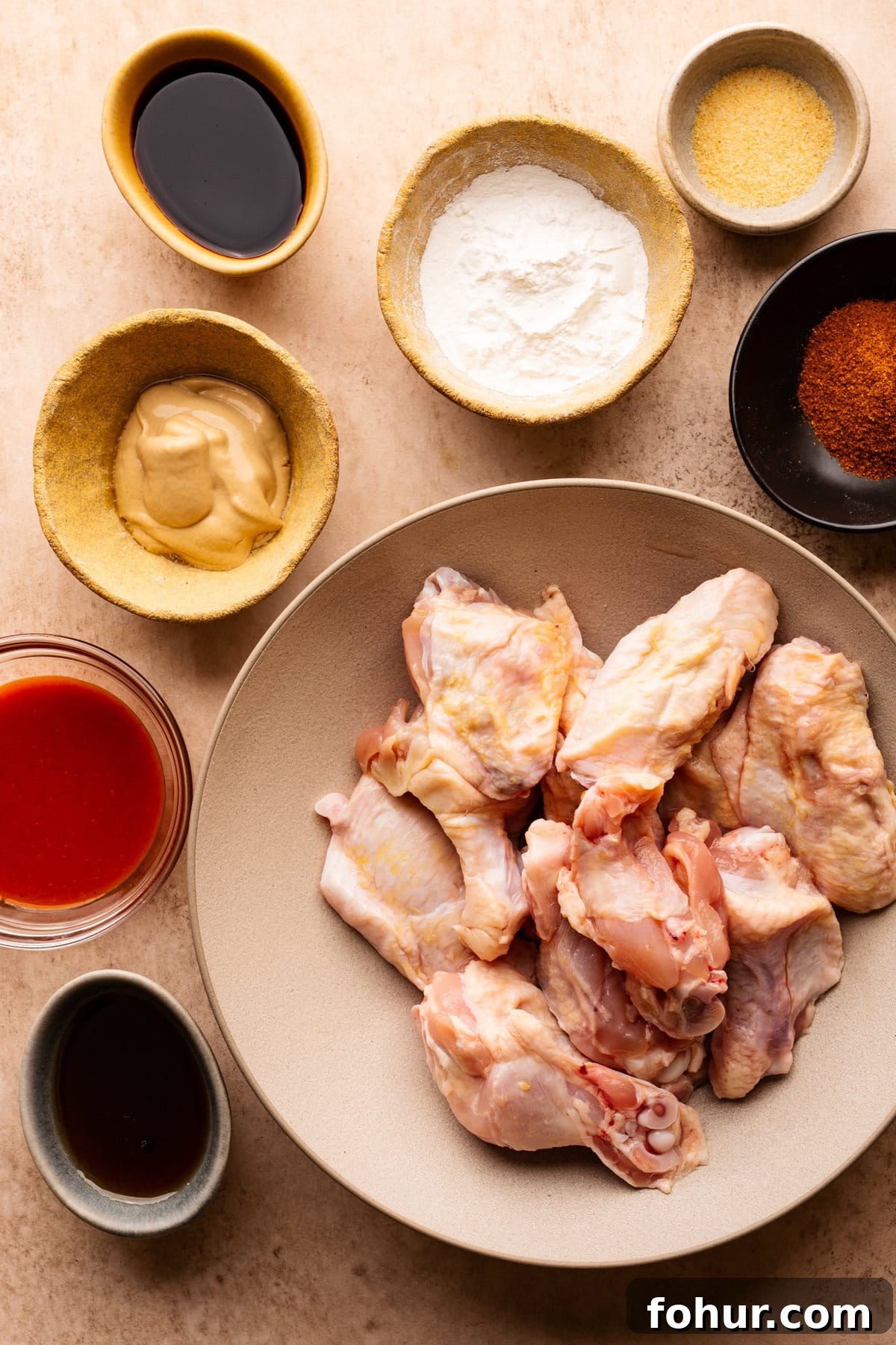 Crispy Oven Baked Chicken Wings Recipe 3 Ingredients for chicken wings arranged on a tan background in different sized colored bowls.