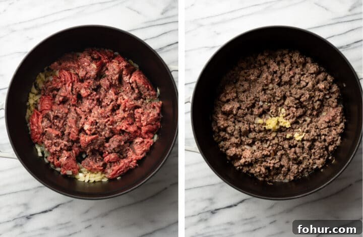 cooking ground beef in a soup pot