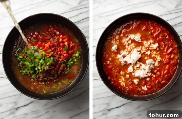 adding in peppers, broth, tomatoes, and rice to stuffed pepper soup