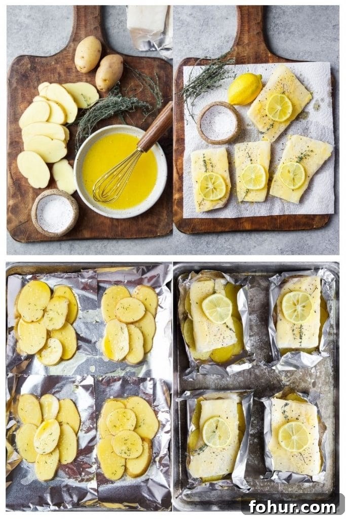 Lemon Herb Fish Baked in Foil with Potatoes 3 A photo collage with step by step process on how to make fish in foil