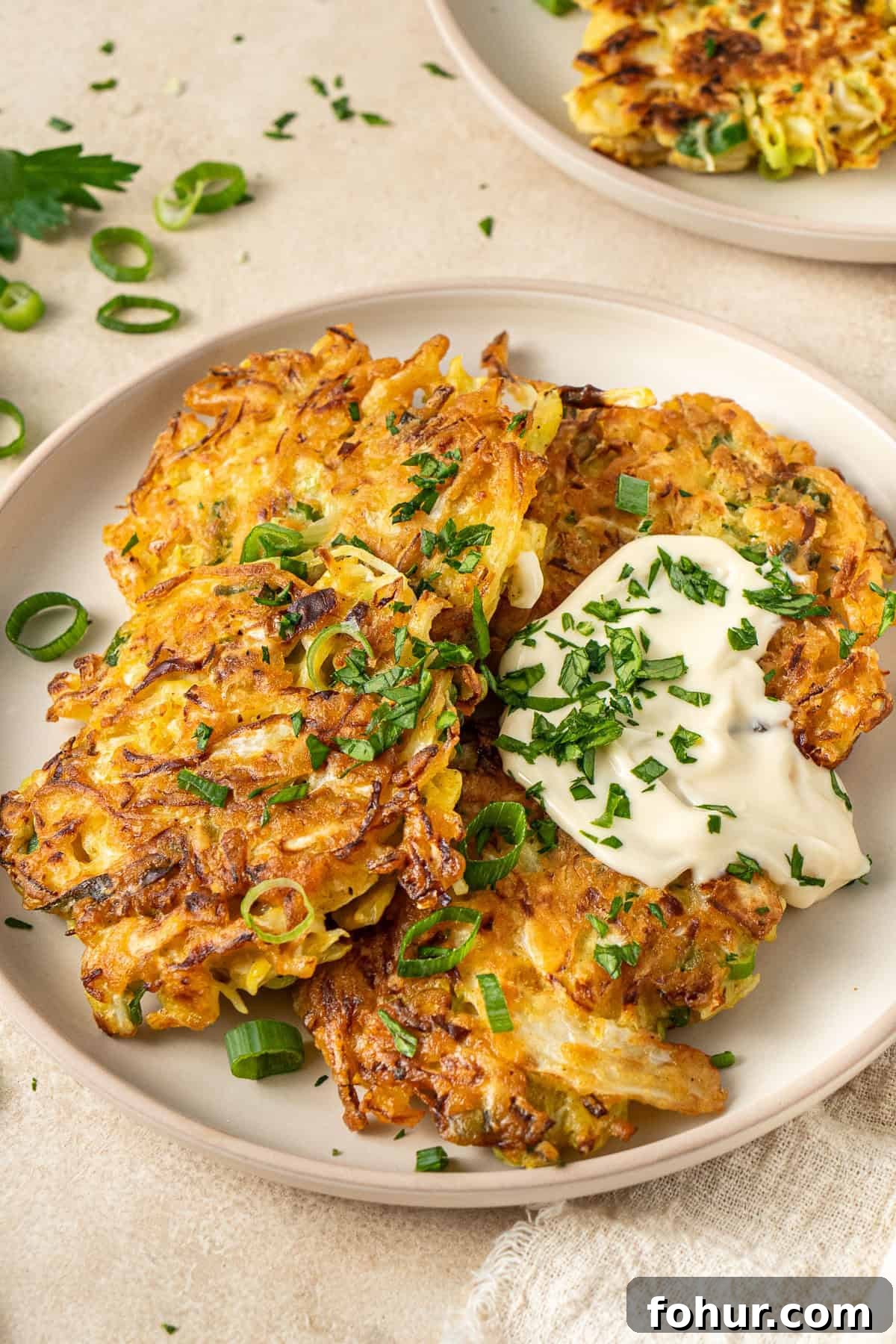 Crispy Cabbage Fritters Recipe with Tangy Yogurt Dip 10 Four cabbage fritters on a plate with mayonnaise and fresh herbs.