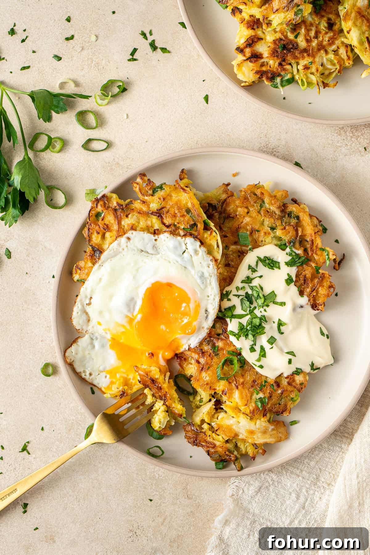 Crispy Cabbage Fritters Recipe with Tangy Yogurt Dip 9 The cabbage fritters on a plate with mayo and a fried egg broken with a fork.