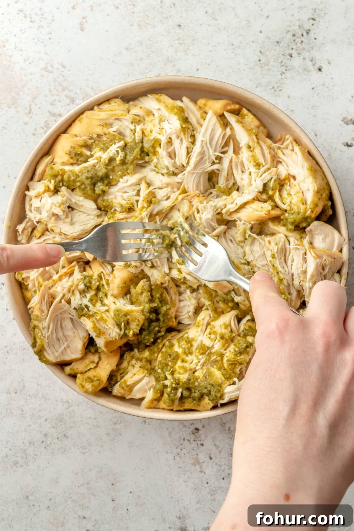 Instant Pot Salsa Chicken Recipe for Tacos and Meal Prep 6 Salsa chicken breasts are shredded on a plate on a light grey surface.