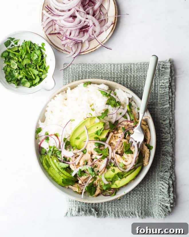 Instant Pot Salsa Chicken Recipe for Tacos and Meal Prep 7 a bowl of salsa chicken and rice garnished with cilantro, avocado, limes, and red onion