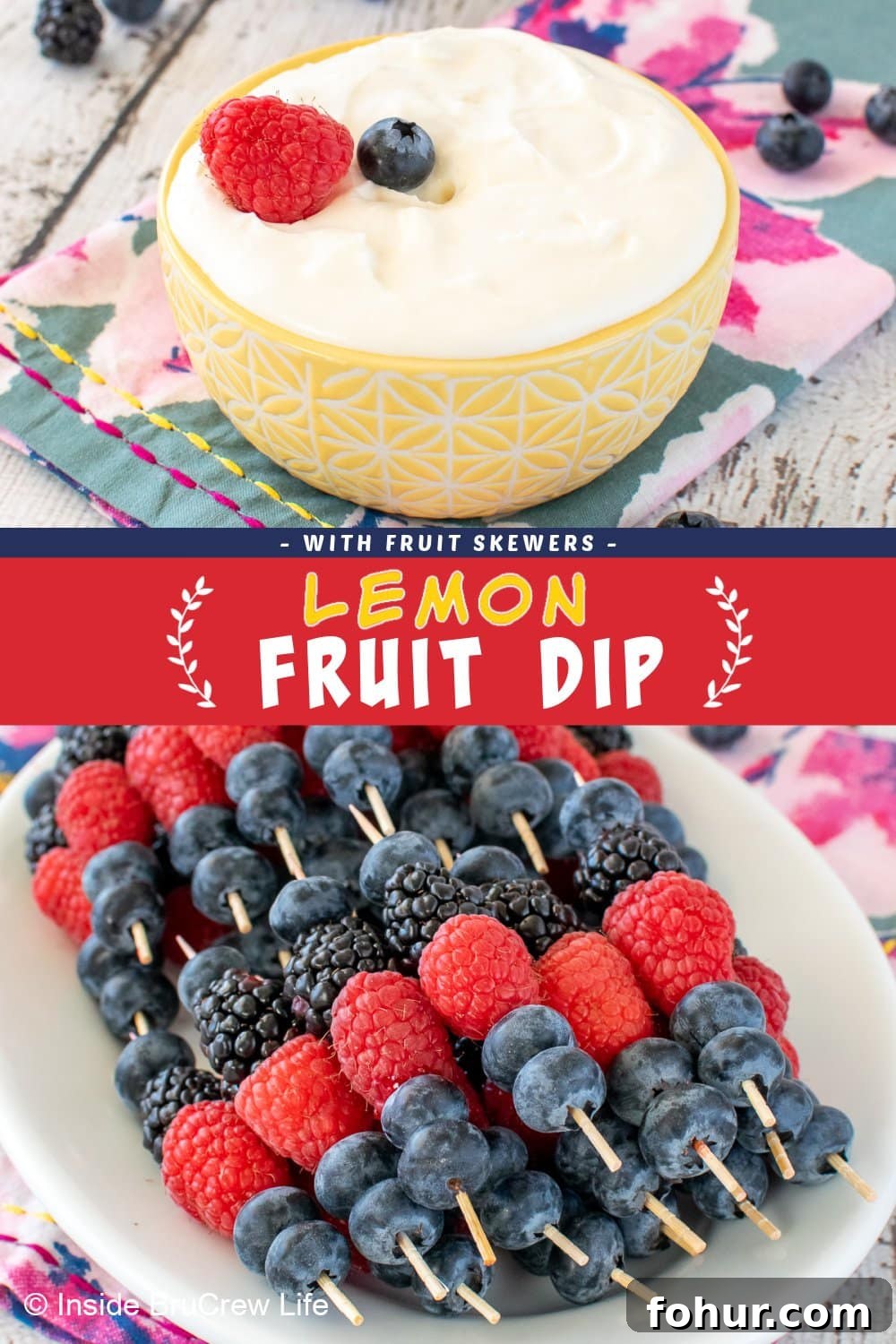 Two pictures of lemon fruit dip collaged together with a red text box.