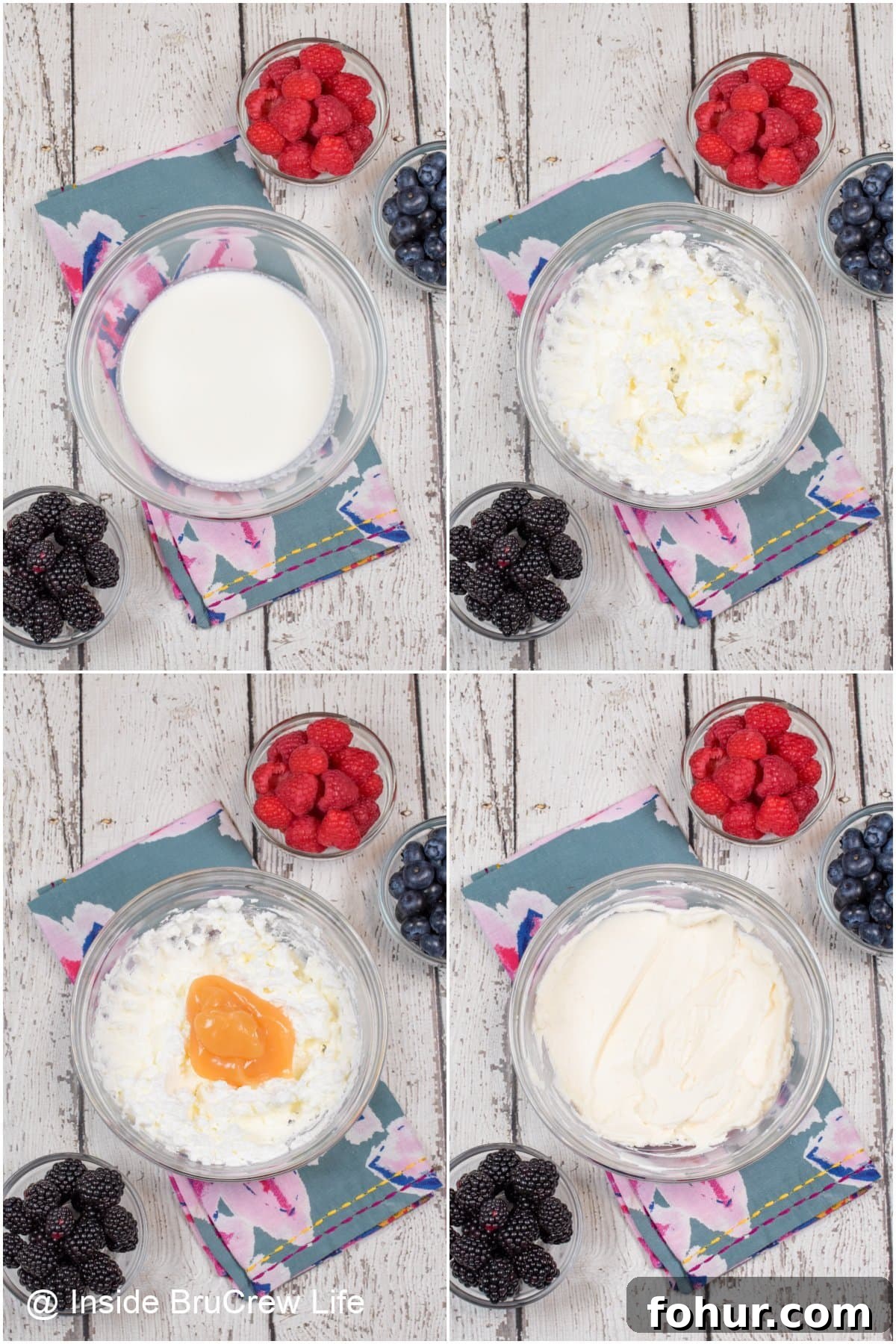 Four pictures collaged together showing how to make a fruit dip.