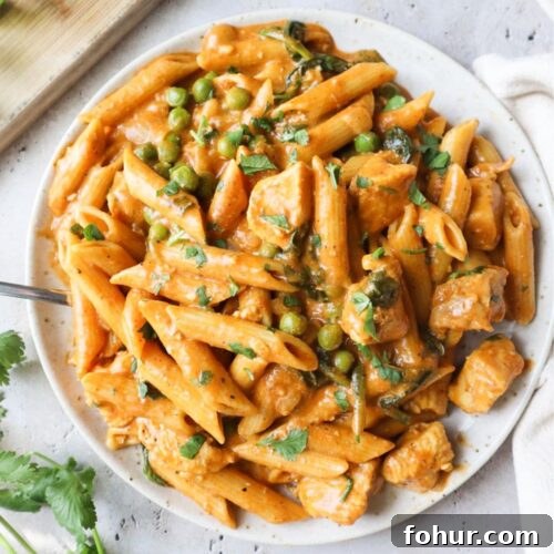 white plate with creamy chicken curry pasta topped with cilantro.