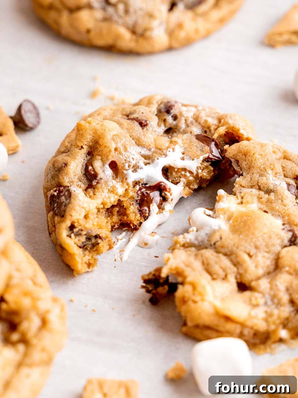 S'mores Cookies: Gooey Marshmallow and Chocolate Recipe 2 A s'mores cookie cut in half showing the melted chocolate and gooey marshmallows inside.