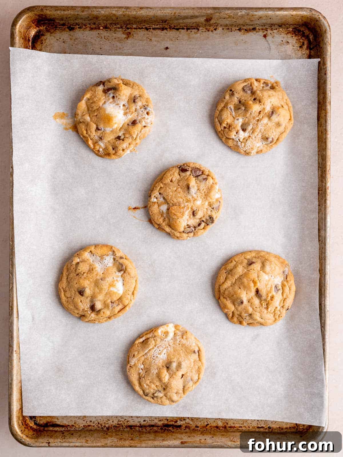 S'mores Cookies: Gooey Marshmallow and Chocolate Recipe 9 Baked s'mores cookies on a parchment lined baking pan.